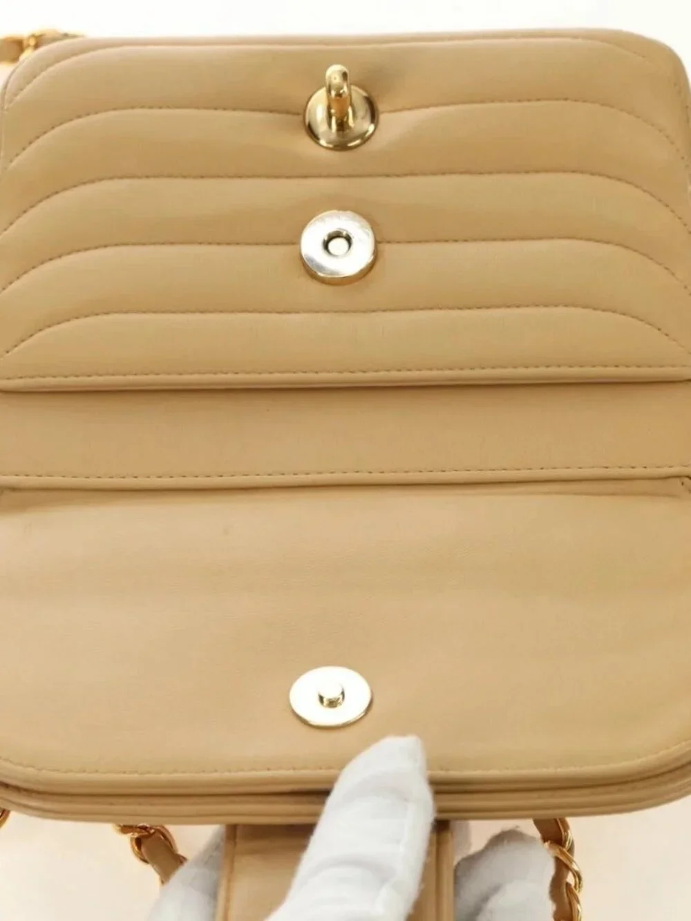 CHANEL Chain Shoulder Bag Lamb Skin Beige Gold CC Auth 182904SAV